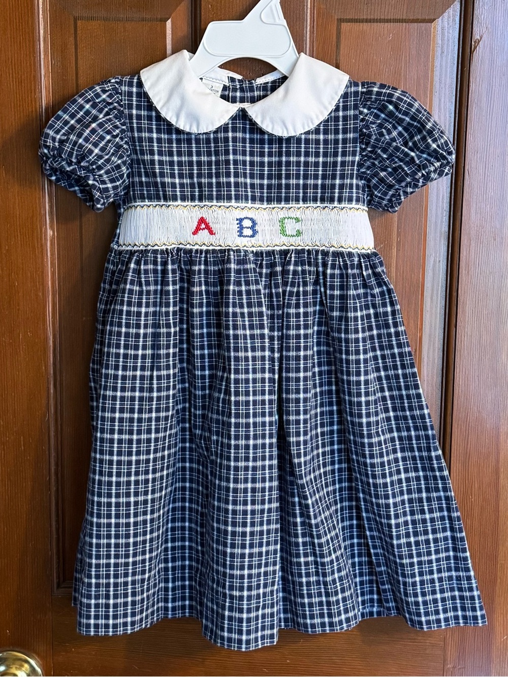 Anavini Classic Navy Plaid Smocked Peter Pan Collar Kids Dress - ABC Embroidery